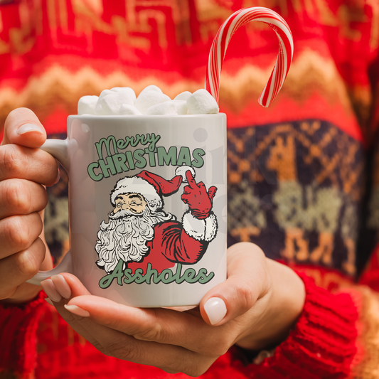 "Merry Christmas A-holes" funny Santa middle finger mug.