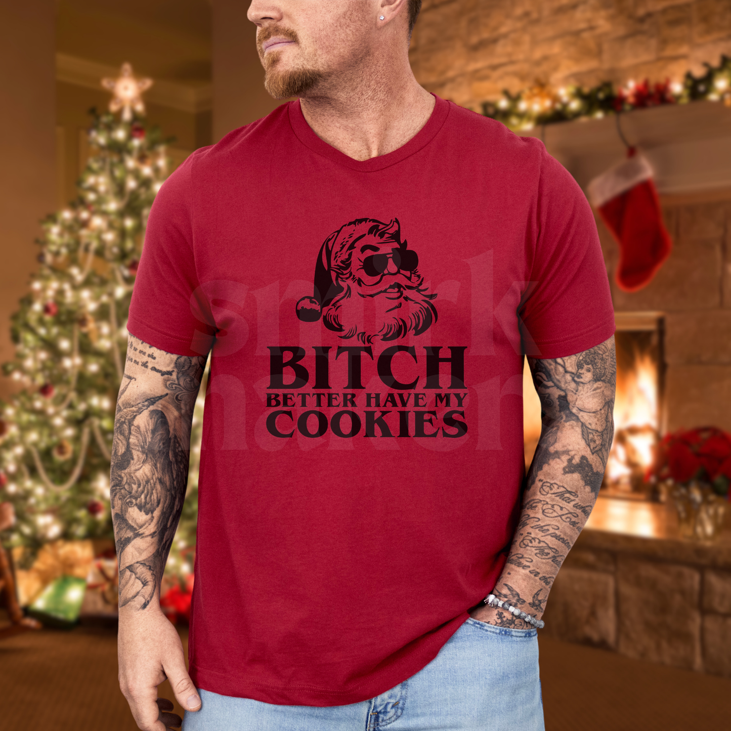 "Bitch better have my cookies" funny Christmas tee in red.