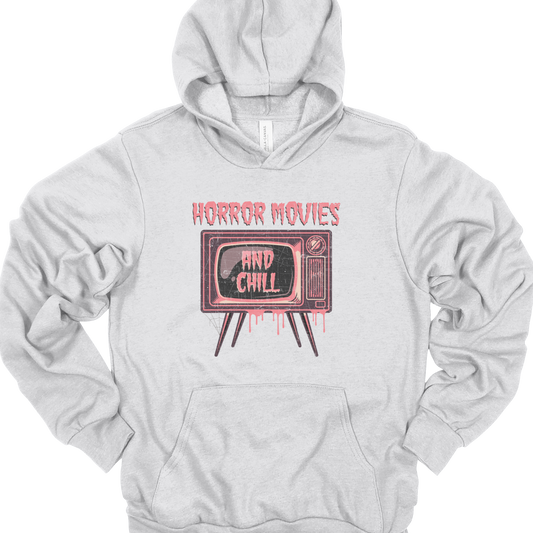 "Horror Movies and Chill" Halloween hoodie in ash.