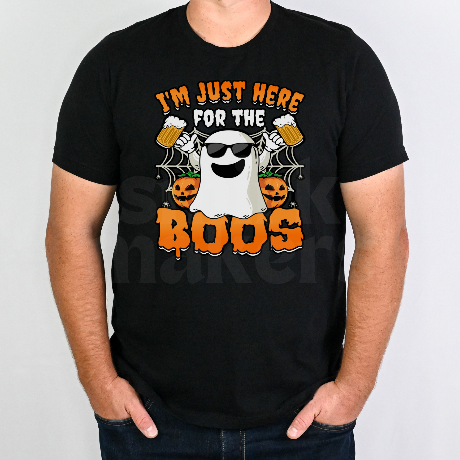 "Here for the boos" ghost Halloween tee in black.