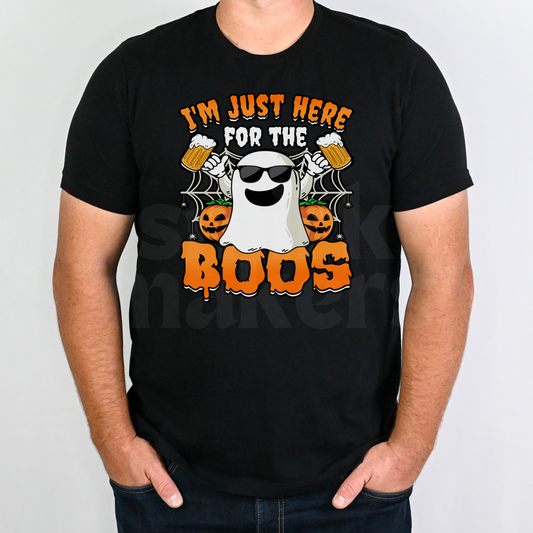 "Here for the boos" ghost Halloween tee in black.