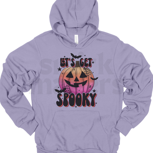 "Let's Get Spooky" Halloween hoodie in dark lavender.