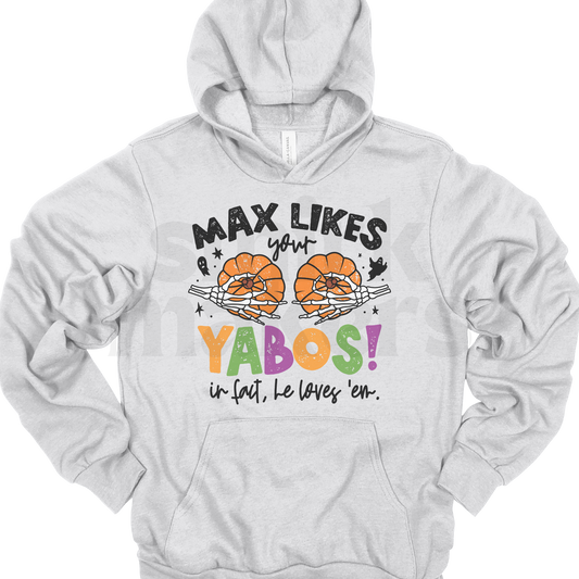 "Max Likes Your Yabos" Halloween hoodie in ash.