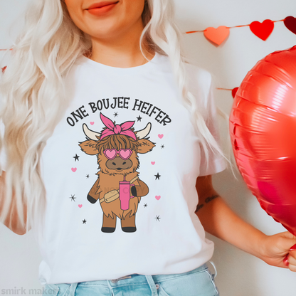 "One boujee heifer" cow Valentine's tee in white.