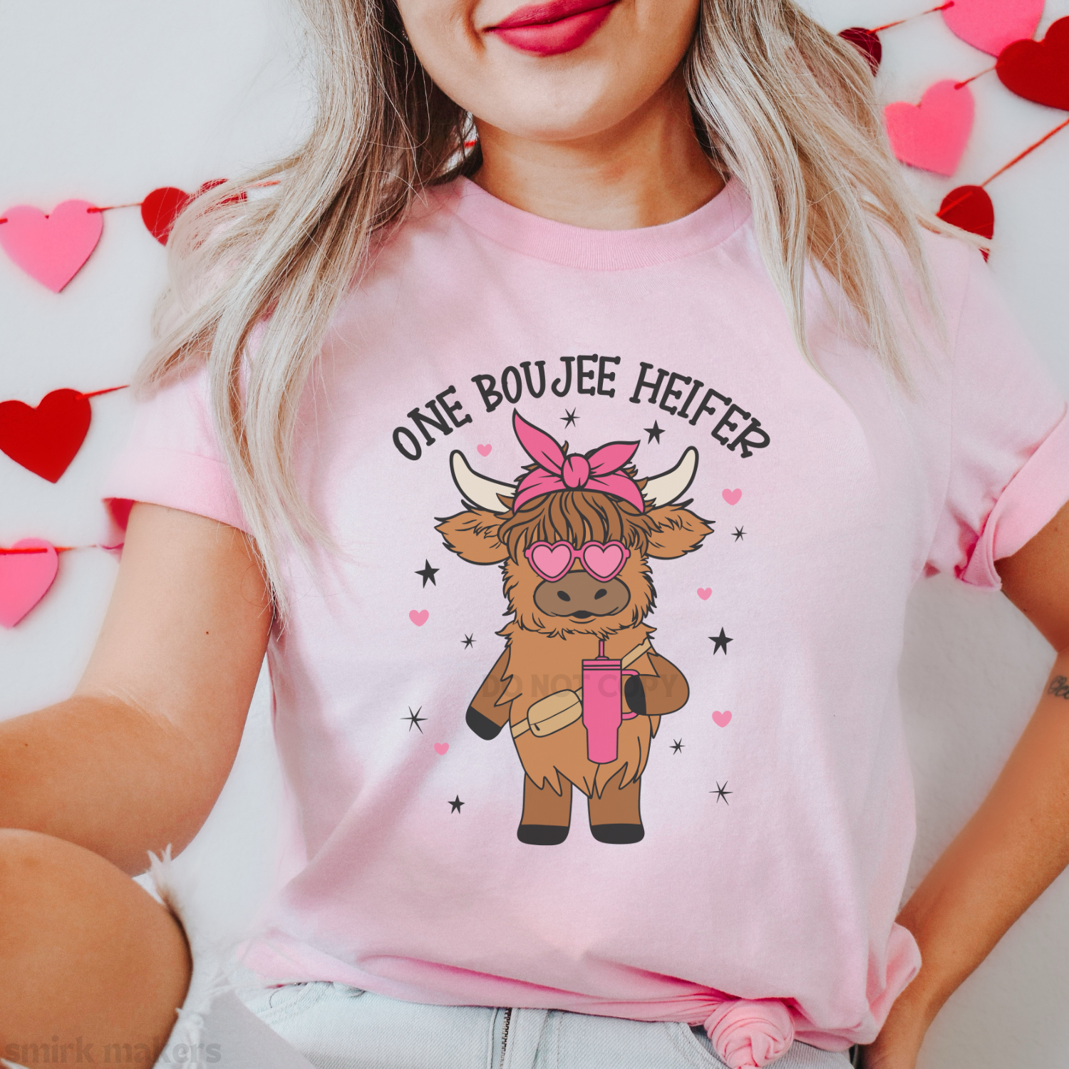 "One boujee heifer" cow Valentine's tee in pink.