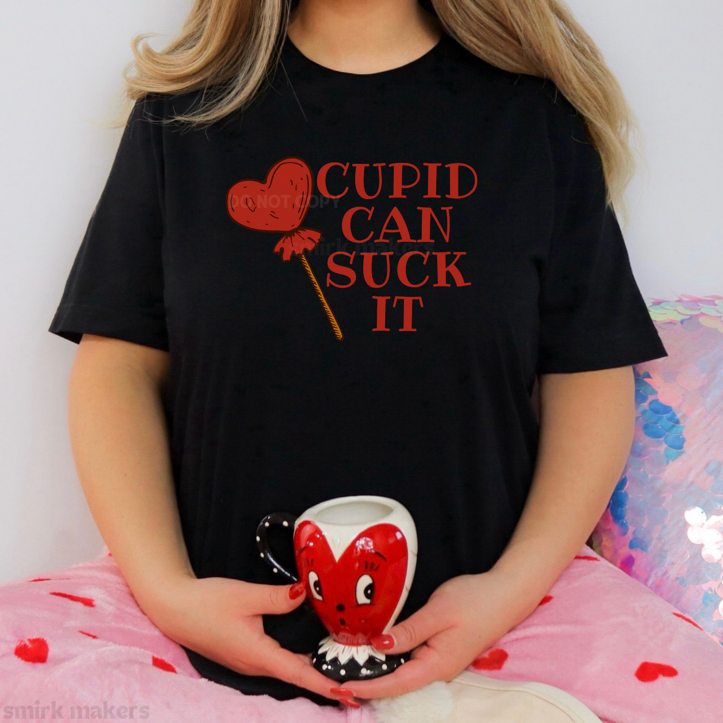 "Cupid can suck it" Valentine's tee in black.