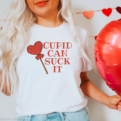 "Cupid can suck it" Valentine's tee in white.